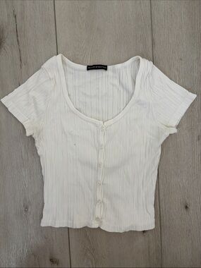 Brandy Melville Cream Ribbed Button-Front Scoop Crop Top